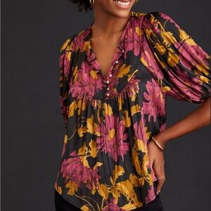 Anthropologie Floral Black and Pink Women's Top